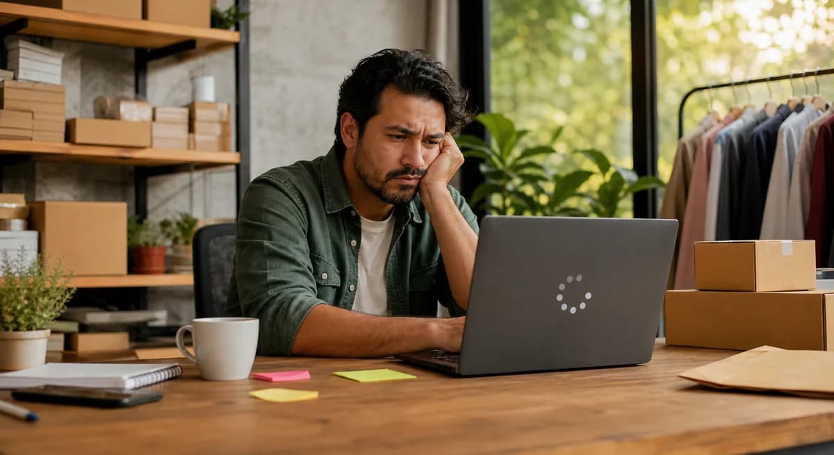 Comerciante frente a su computador evaluando problemas de su tienda WooCommerce y opciones de plataforma