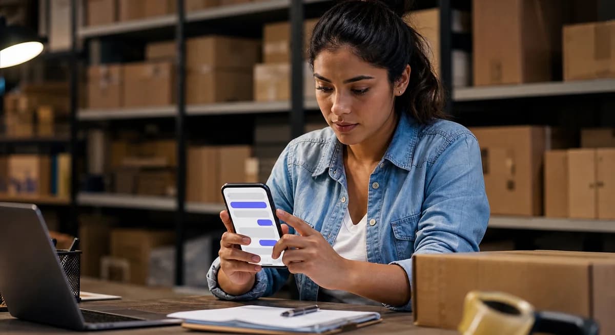 Vendedor de ecommerce gestionando conversaciones de WhatsApp junto a su inventario real