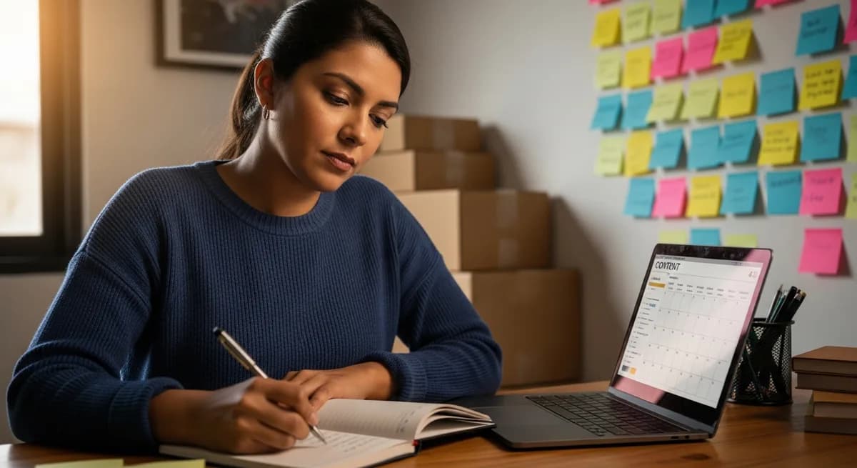 Vendedora colombiana planificando el contenido de su tienda con notas y computador