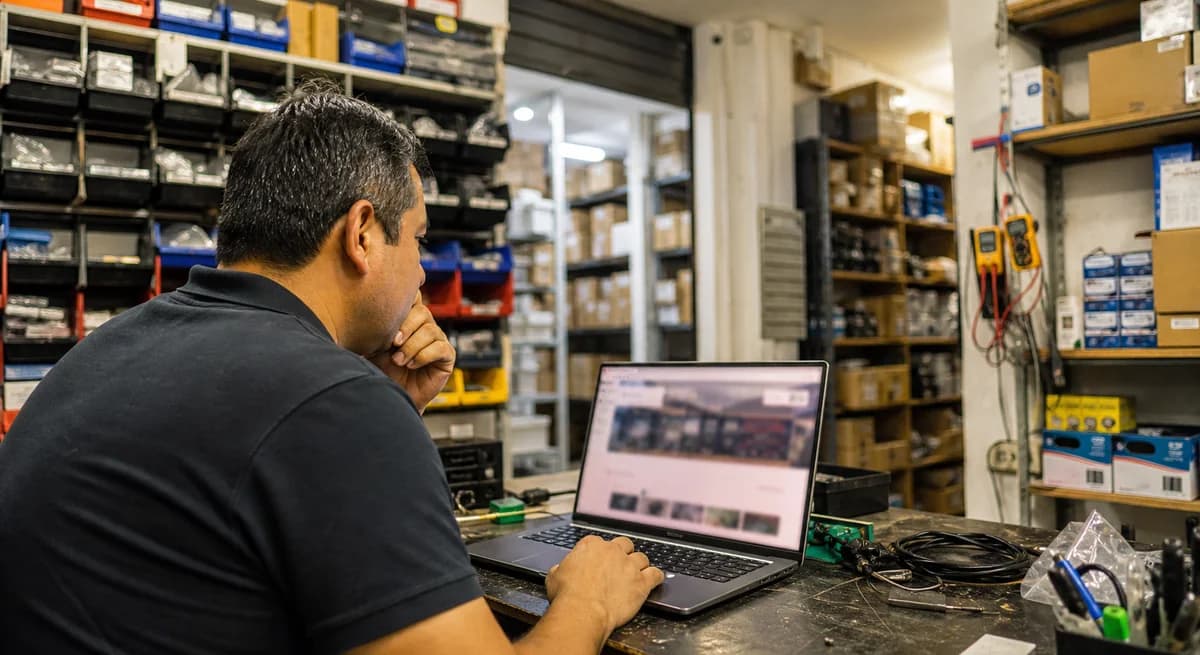 Espacio de trabajo de un comercio de electrónica con catálogo técnico y operación de tienda online