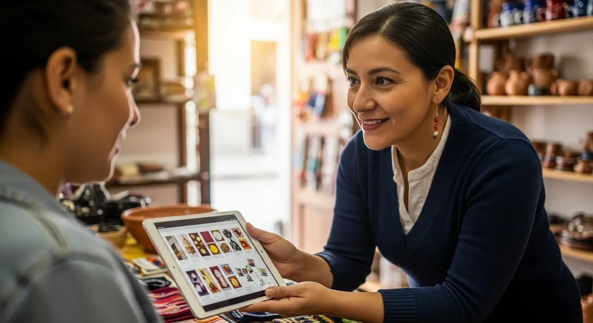 Vendedora colombiana mostrando su catálogo digital de productos desde una tablet a una clienta