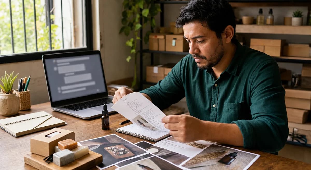 Vendedor colombiano trabajando el catálogo de su tienda con ayuda de una herramienta de IA en el computador
