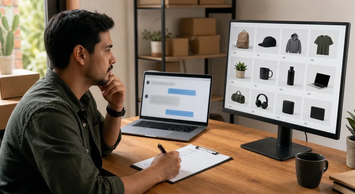 Vendedor comparando un chat de IA genérico con su catálogo de productos en el computador