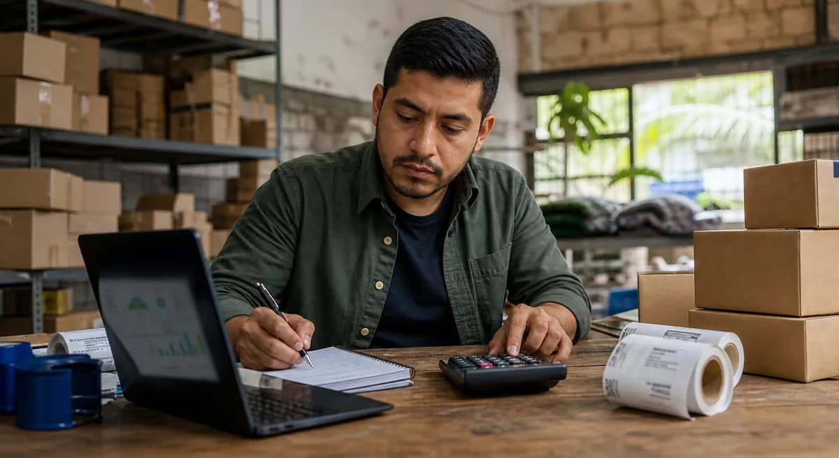 Vendedor preparando pedidos de Mercado Libre mientras revisa costos en su computador