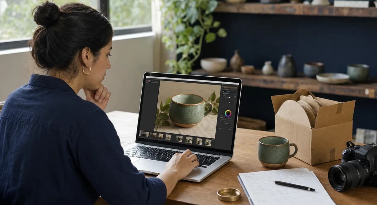 Vendedor editando contenido de su catálogo ecommerce con ayuda de herramientas digitales en su escritorio