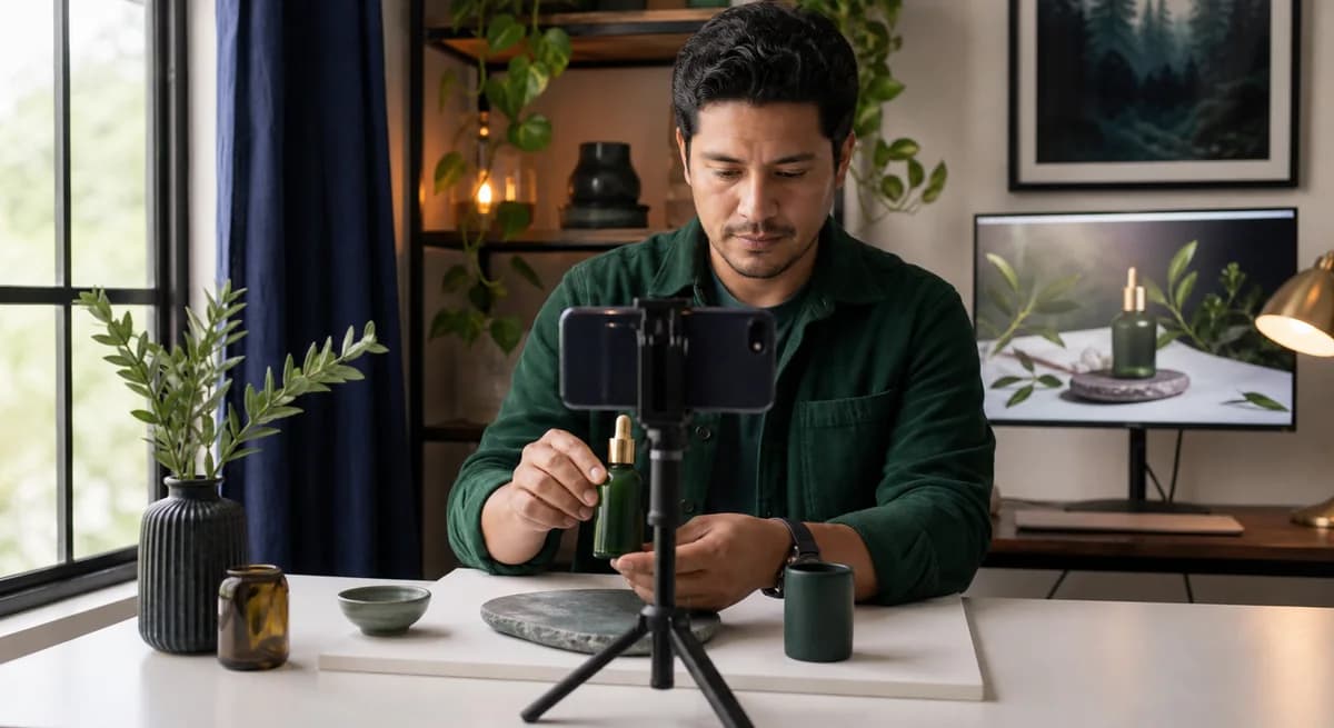 Vendedor fotografiando un producto real en su mesa de trabajo para usarlo con herramientas de IA