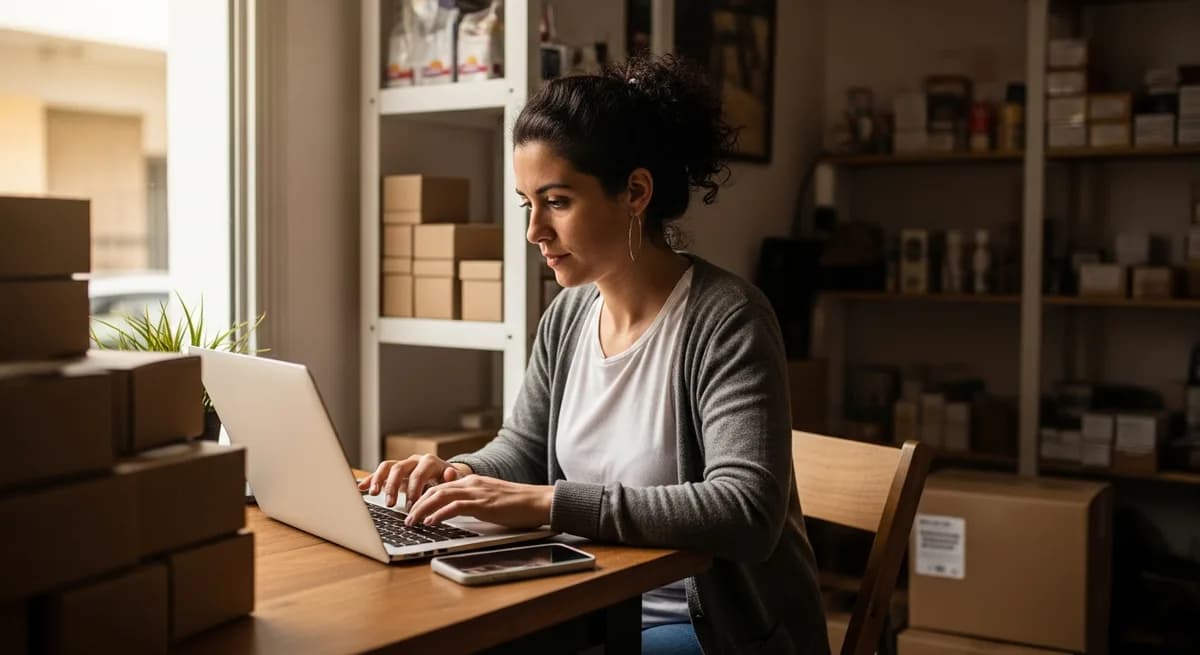 Vendedora colombiana gestionando su tienda online y su catálogo desde el mostrador de su negocio