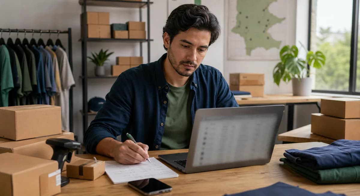 Vendedor de tienda online revisando el historial de clientes y pedidos en su escritorio de trabajo