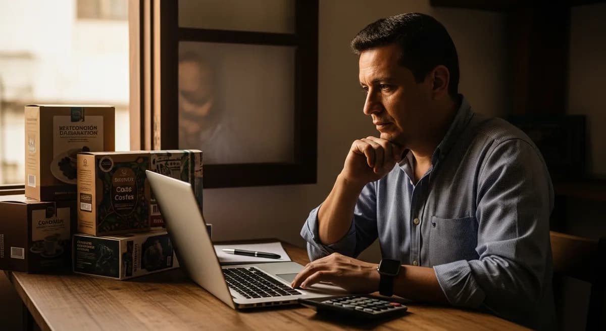 Vendedor colombiano calculando el costo real de una venta en Mercado Libre desde su computador