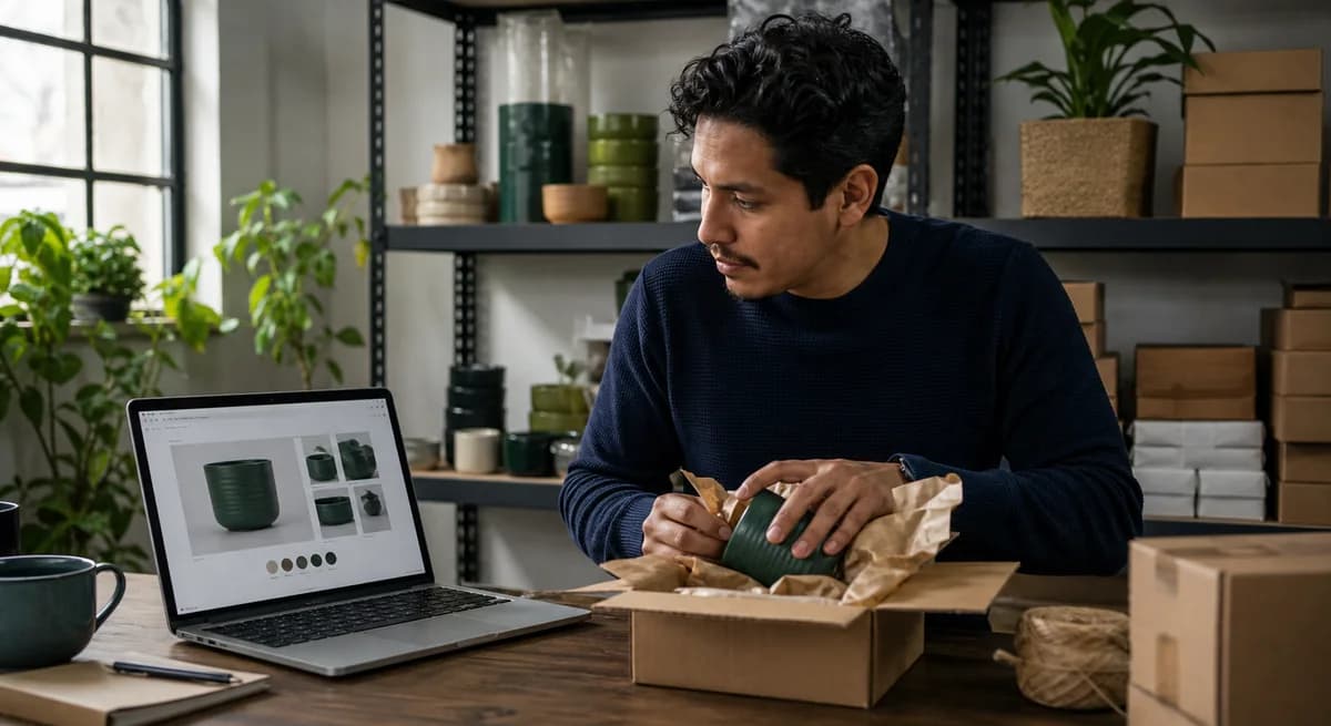 Vendedor preparando un pedido junto a su computador con la ficha del producto abierta