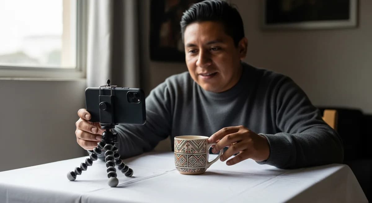 Vendedora fotografiando su producto con luz natural para su tienda online
