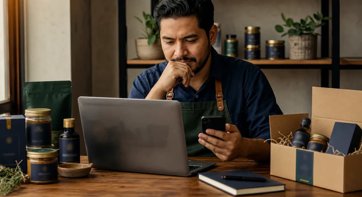 Vendedor planificando publicidad de Facebook e Instagram para su tienda online con productos a su lado