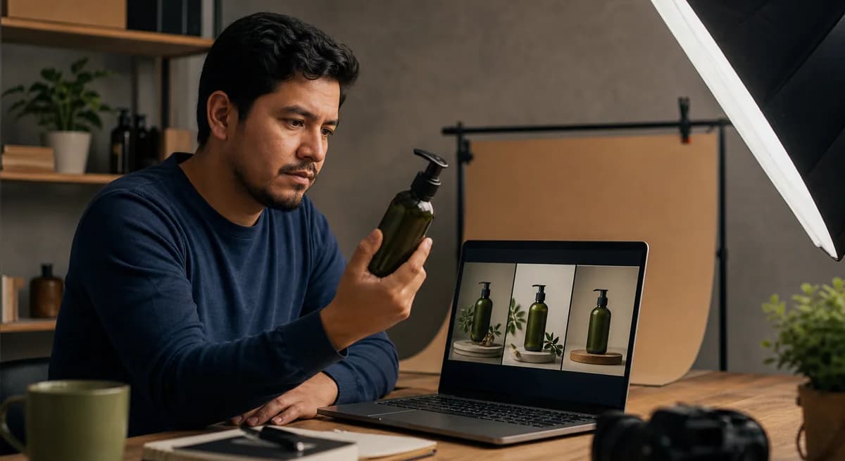 Vendedor comparando el producto físico con las fotos de la ficha en el computador en un mini estudio casero