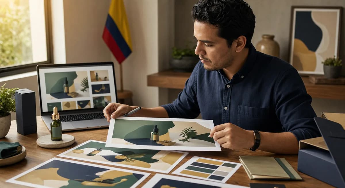 Operador de tienda online revisando bocetos de banners de campaña junto a su computador
