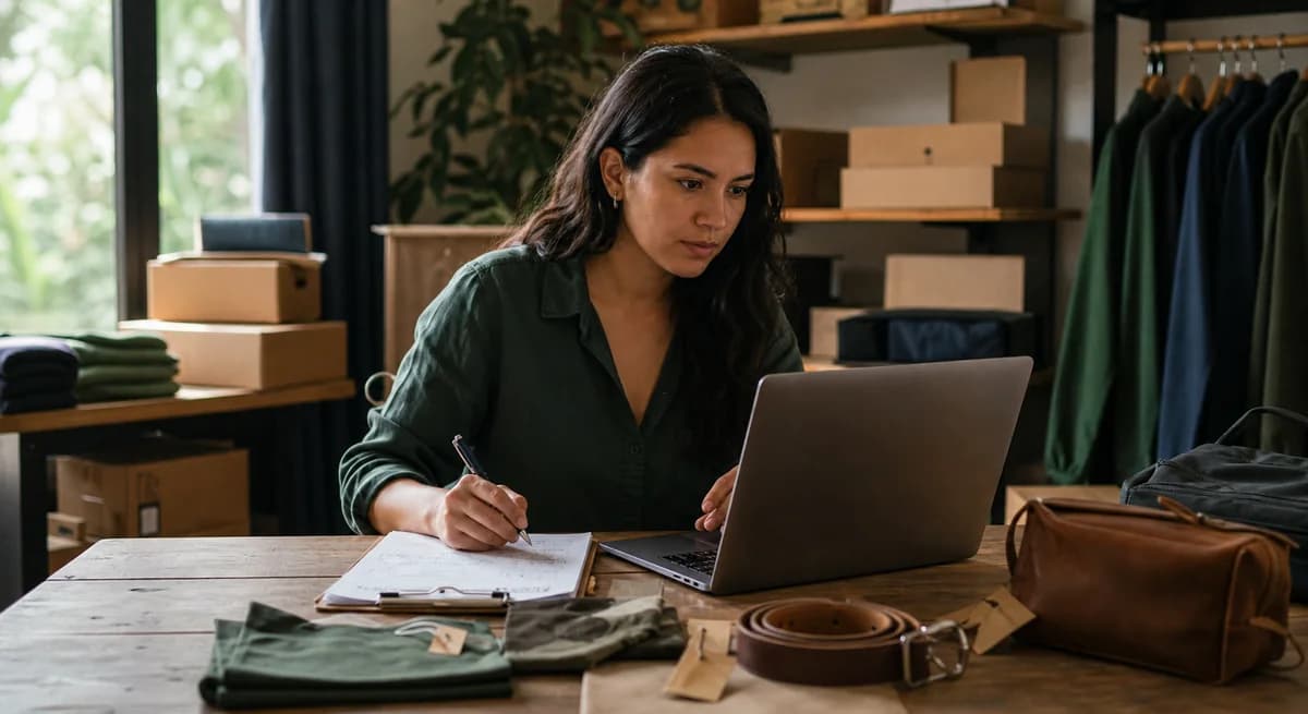 Vendedor revisando fichas de producto en el computador junto a muestras físicas y notas de especificaciones