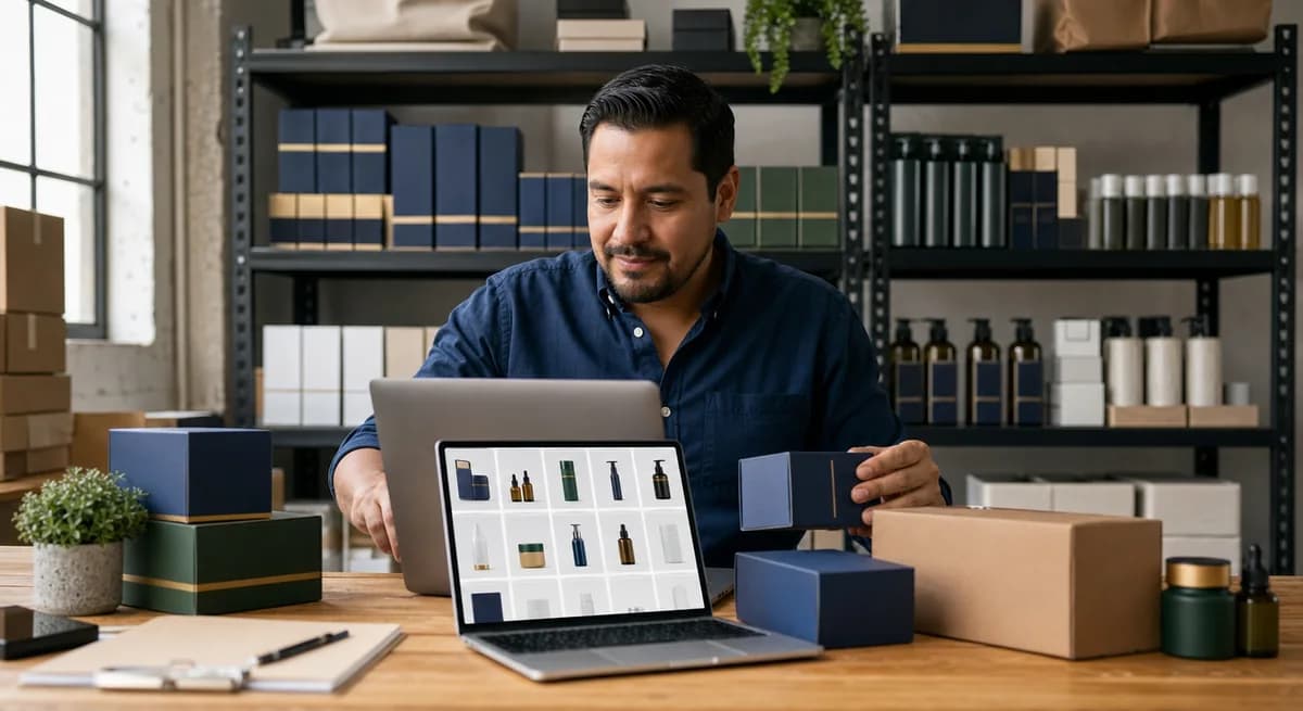 Comerciante preparando pedidos con el catálogo de productos abierto en el computador