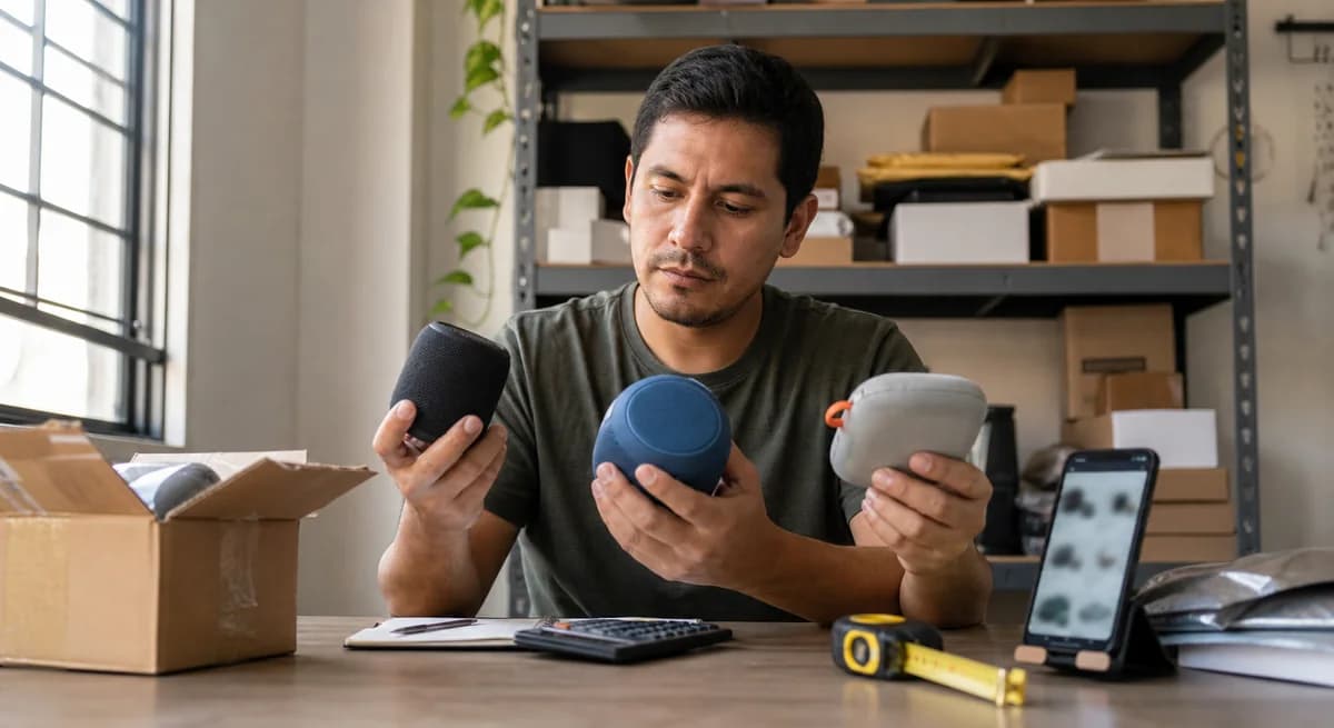 Vendedor evaluando muestras de producto, costos y listado de marketplace antes de comprar stock