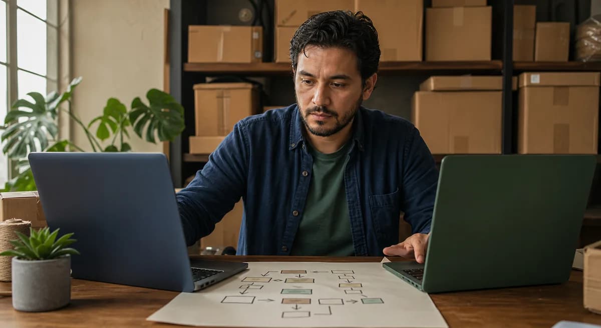 Vendedor migrando su tienda online con dos computadores y notas de URLs en el escritorio