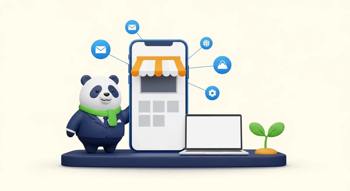 Ilustración de Mony, la mascota de Monyi, junto a una tienda online sobre una base sólida que conecta todo