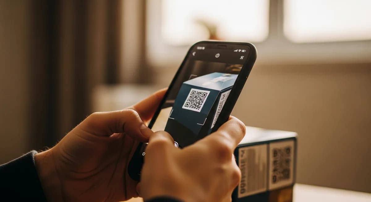 Persona escaneando el código QR del empaque de su pedido para acceder al portal de postventa