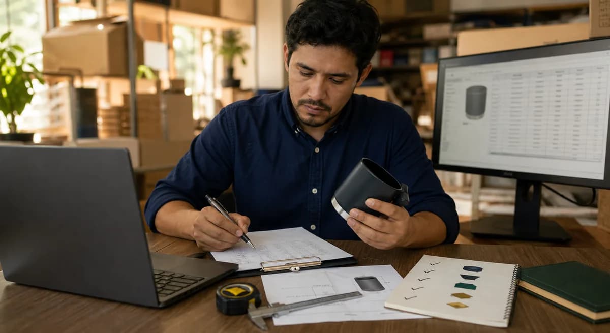 Operadora de tienda online trabajando con planilla de productos y notas de control de calidad