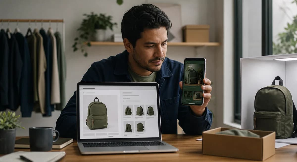 Vendedor comparando fotos y fichas de producto para marketplace y tienda propia