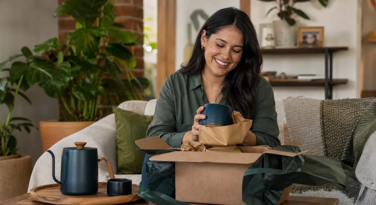 Cliente en casa recibiendo un nuevo pedido online junto a un producto anterior de la misma marca
