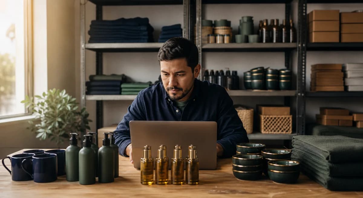 Vendedor organizando categorías de su tienda online junto a su inventario