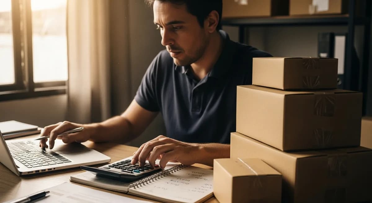 Vendedor argentino calculando el costo real de su plataforma de ecommerce en su escritorio