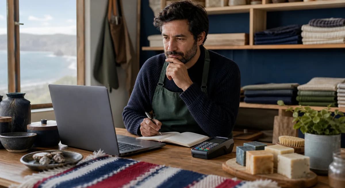 Emprendedor chileno comparando opciones de plataforma ecommerce en su escritorio
