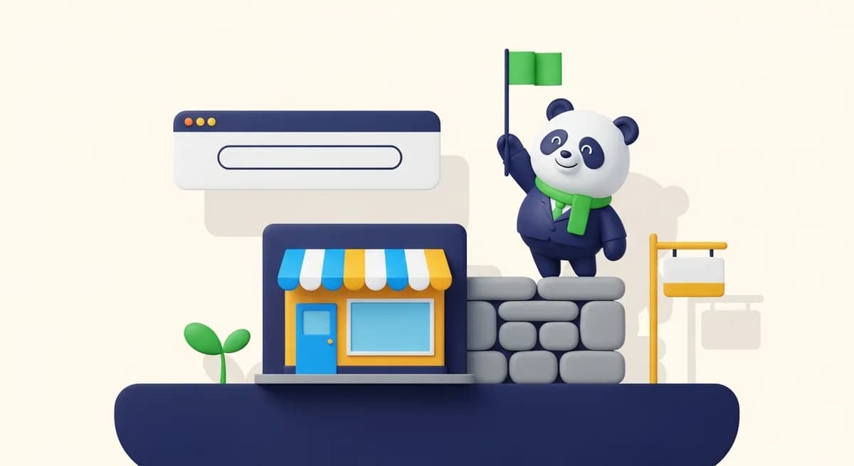 Ilustración de Mony, la mascota de Monyi, plantando su bandera sobre el terreno propio de su tienda online