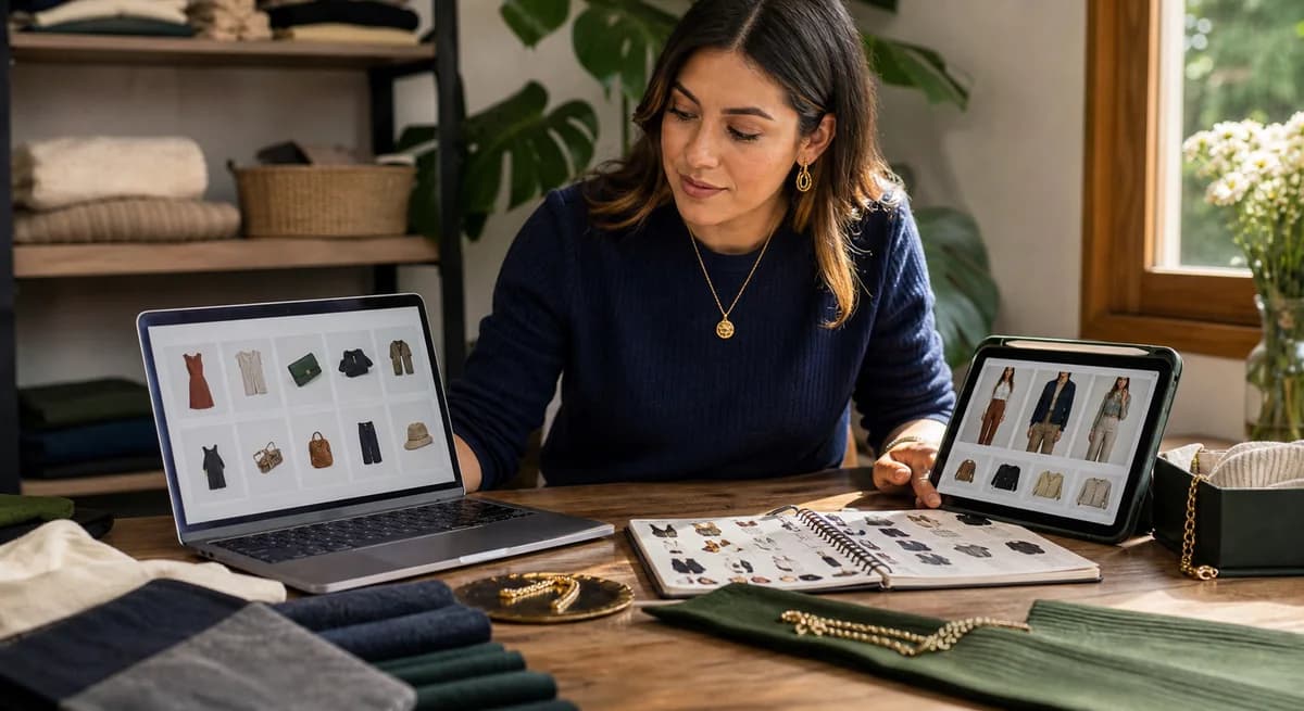 Vendedor revisando productos reales y su catálogo digital mientras usa herramientas de IA en el computador