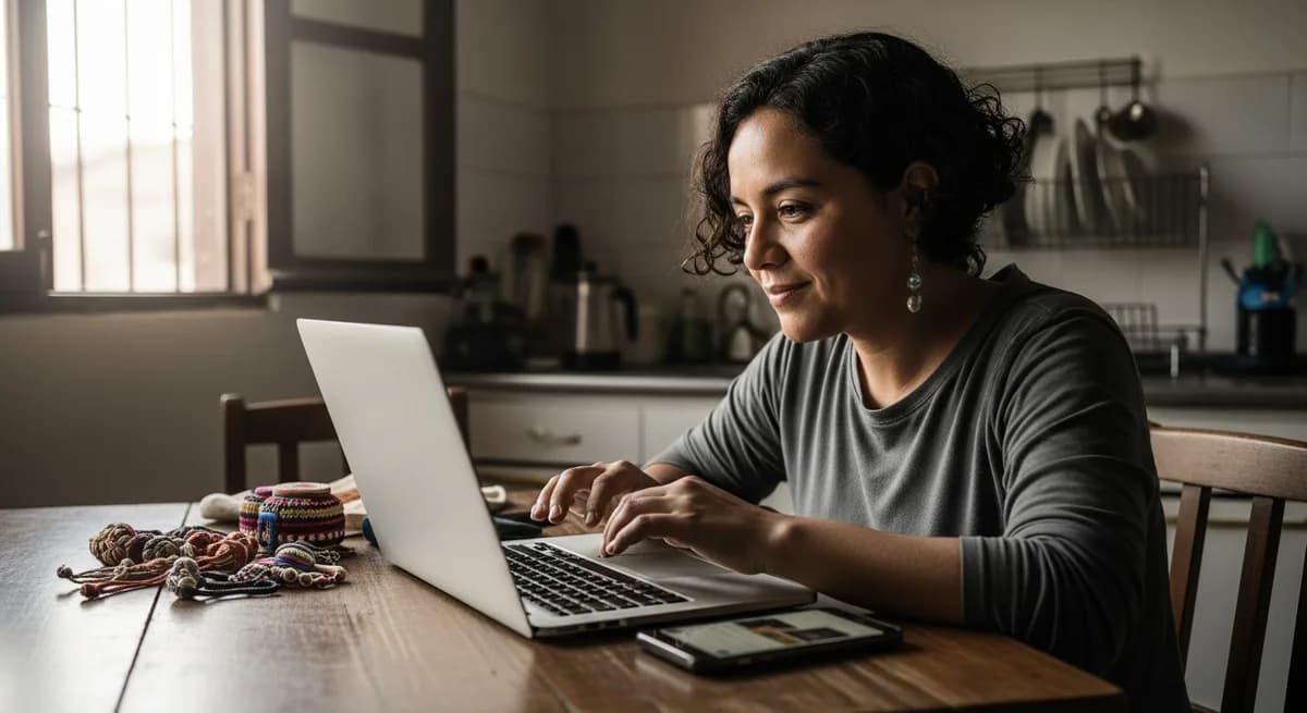Emprendedora colombiana montando su tienda online desde el computador, empezando desde cero