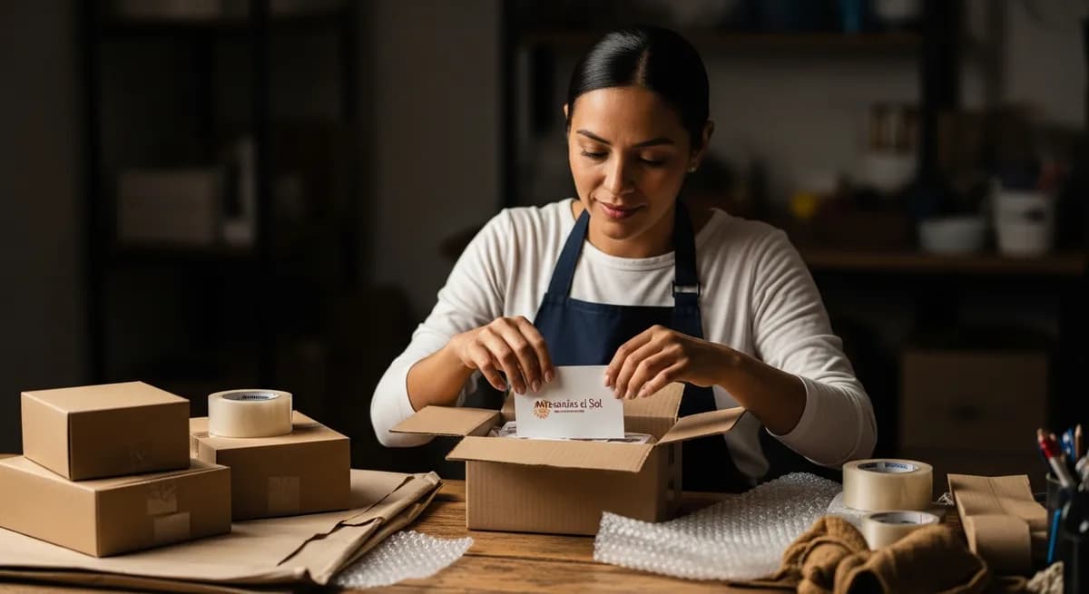 Vendedor colombiano colocando una tarjeta con su marca dentro del empaque de un pedido