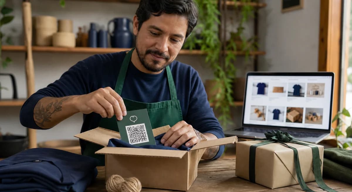 Vendedor empacando un pedido de marketplace e incluyendo un inserto con QR de su marca