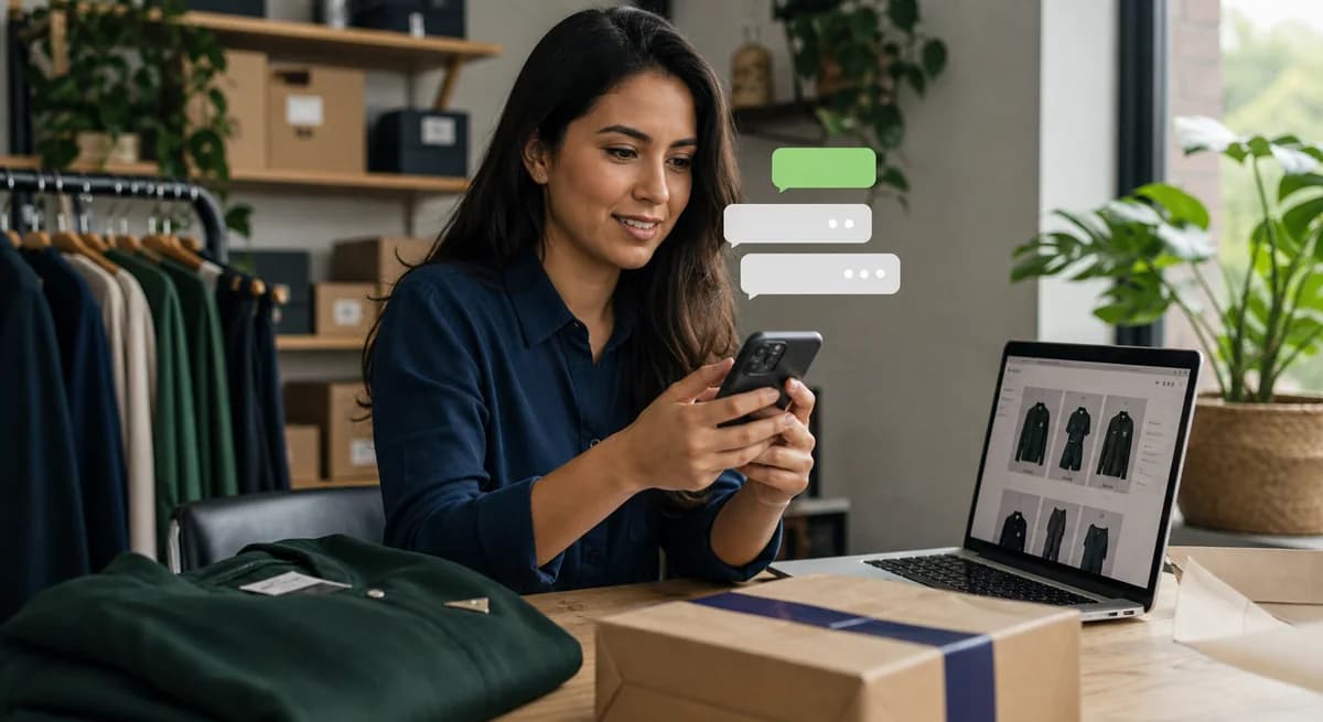 Vendedor atendiendo consultas de clientes por WhatsApp desde su escritorio de trabajo