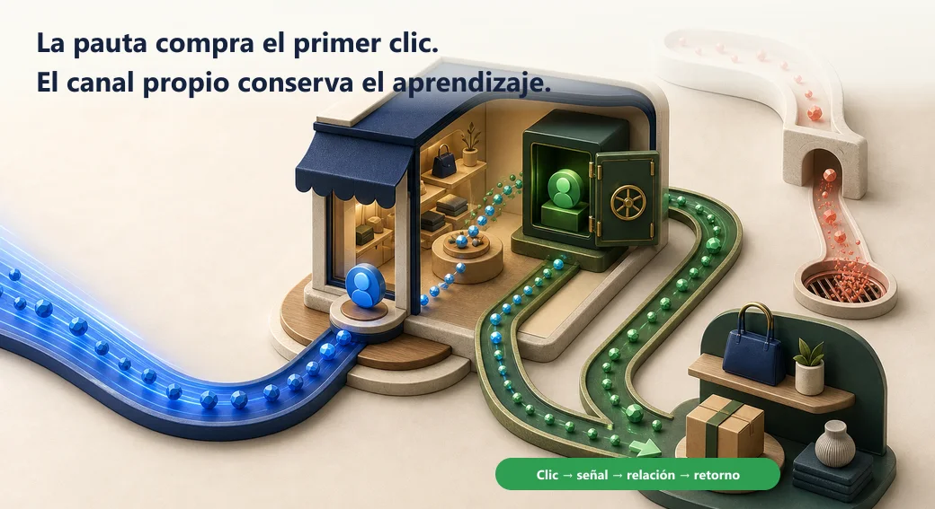 La pauta compra el primer flujo de visitas; la tienda propia conserva señales y relación para construir una ruta de retorno
