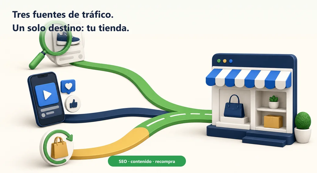 Tres fuentes de tráfico —SEO, contenido y recompra— convergen en una sola tienda propia