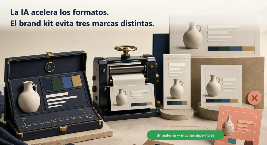 Un brand kit protegido pasa por un taller de formatos y produce banners coherentes para escritorio, móvil y redes