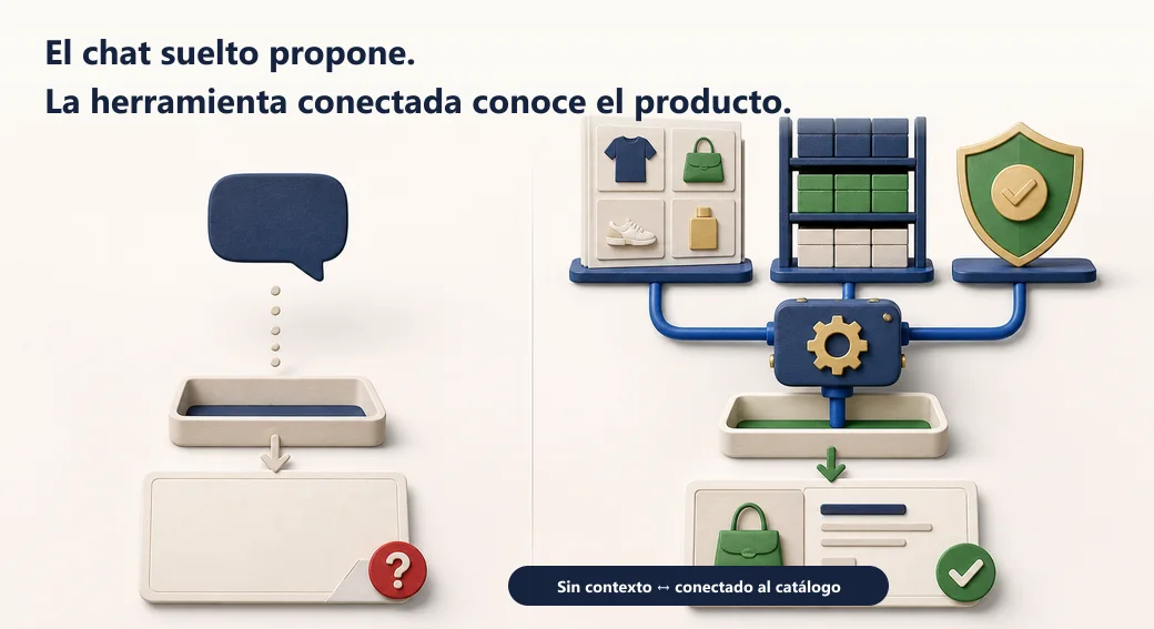 Un chat sin contexto entrega una respuesta vacía; una herramienta conectada consulta catálogo, inventario y reglas antes de responder