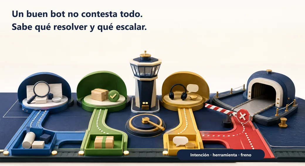 Una torre de control clasifica intenciones, dirige las resolubles a herramientas seguras y frena las que deben escalar