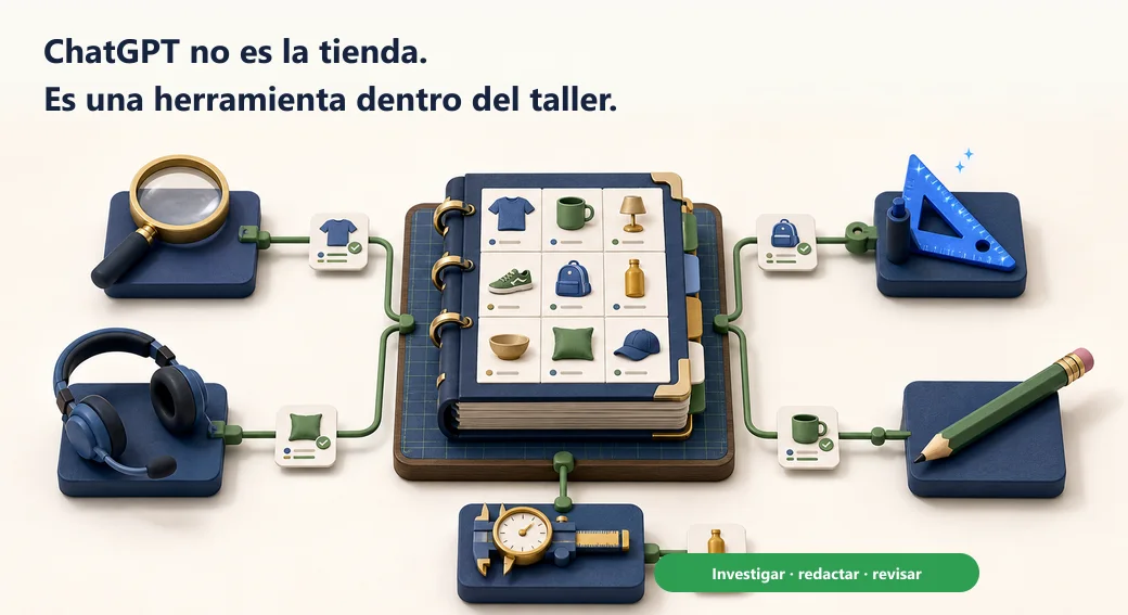 ChatGPT aparece como una herramienta más dentro de un taller alimentado por el catálogo, junto a investigación, soporte y medición