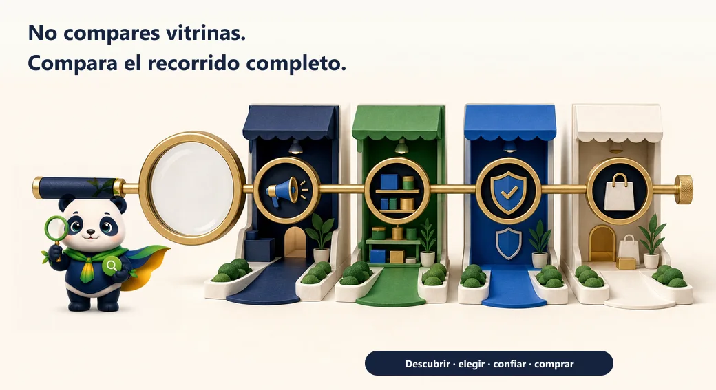 Mony recorre las vitrinas de cuatro competidores y amplía cada etapa del camino de compra, desde descubrir hasta confiar y comprar