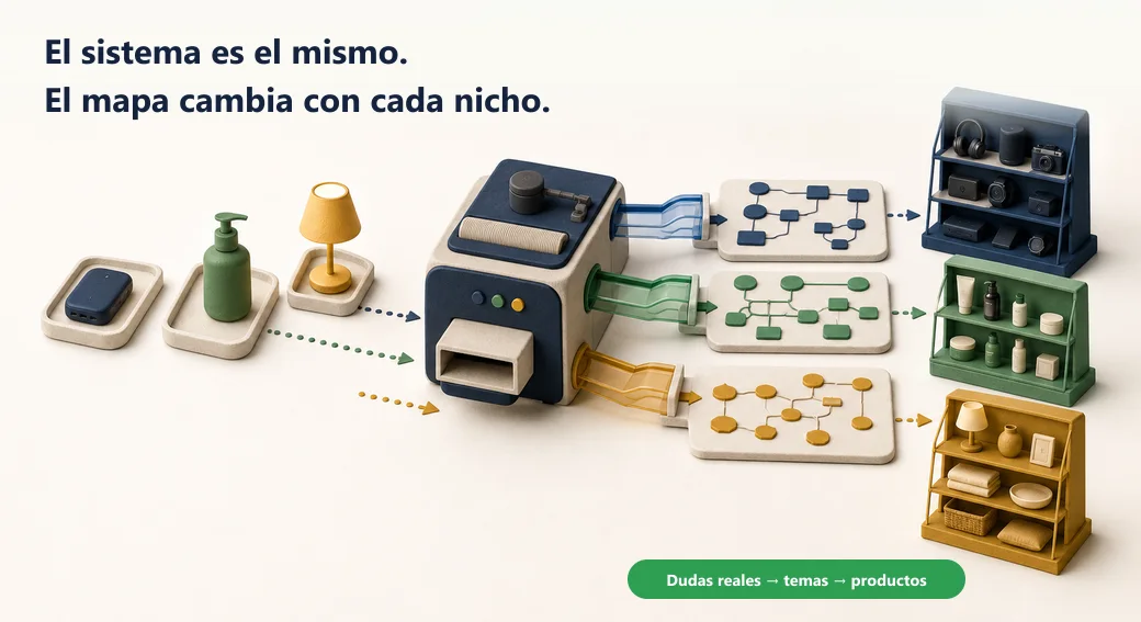 Un mismo sistema editorial recibe nichos distintos y produce mapas de temas conectados a sus productos específicos