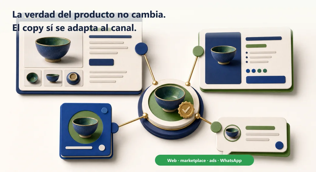 La misma verdad verificable del producto se adapta en cuatro piezas distintas para web, marketplace, anuncios y WhatsApp