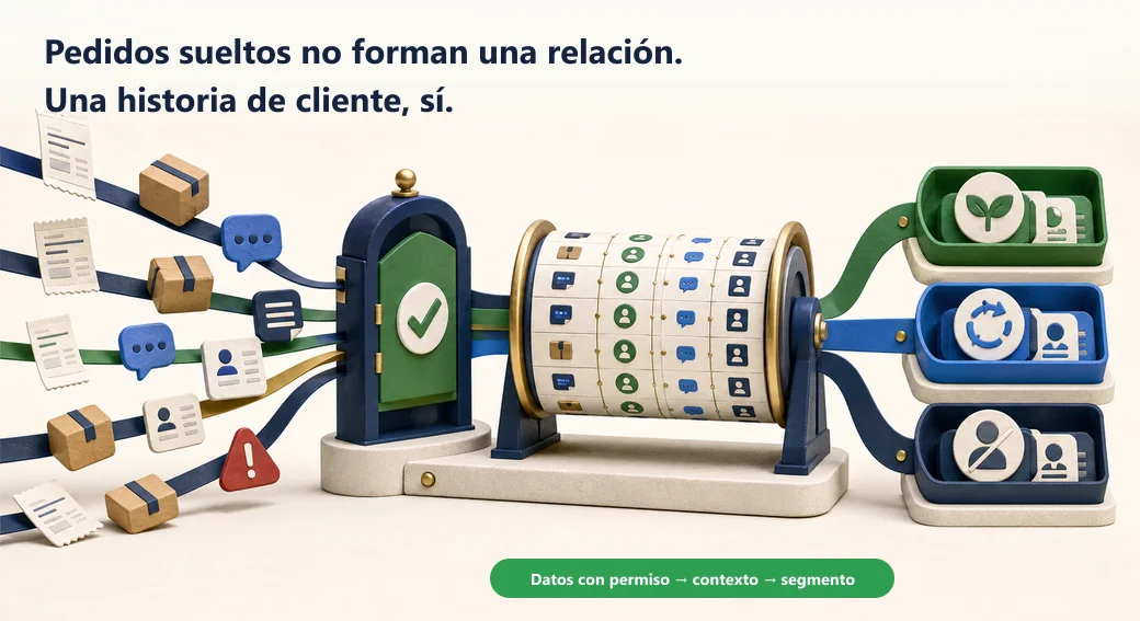 Pedidos, conversaciones y soporte cruzan una puerta de permiso y se convierten en una historia segmentable del cliente