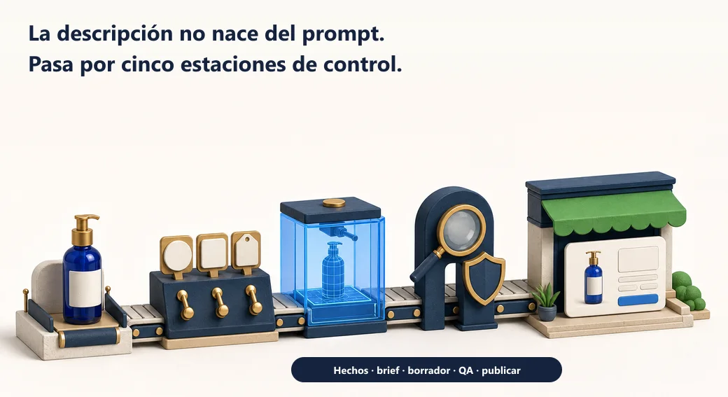 La descripción recorre cinco estaciones: hechos, brief, borrador, control de calidad y publicación
