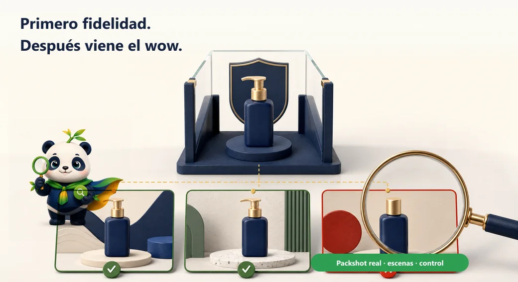 Mony comprueba que el packshot real conserve forma, color y piezas al convertirse en escenas, detalles y variantes