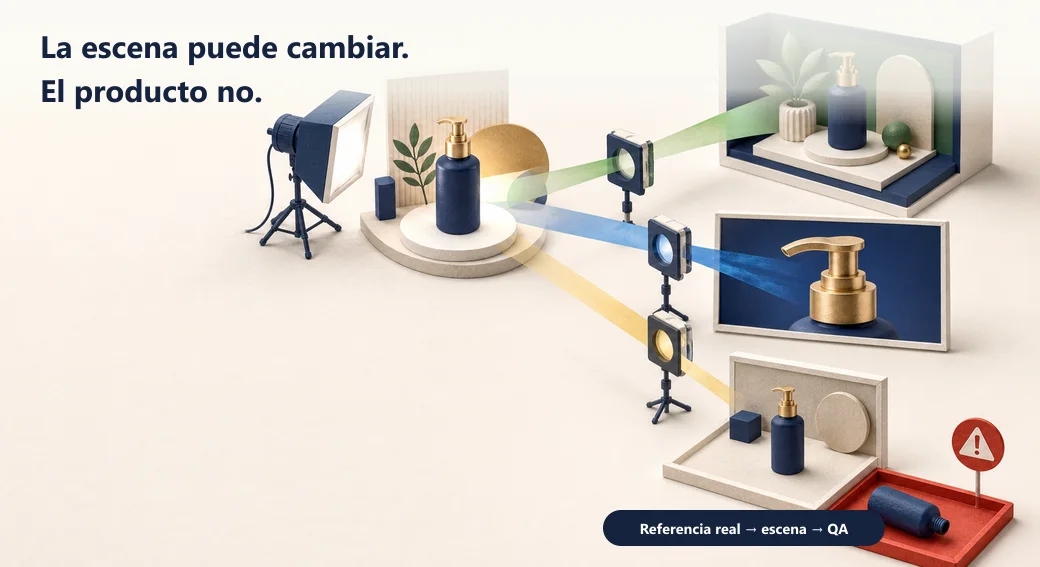 Una foto real funciona como ancla para producir escenas y acercamientos sin permitir que cambie el producto