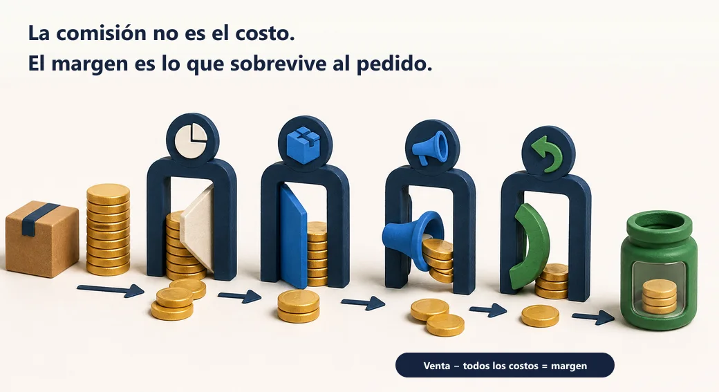 El valor de un pedido atraviesa comisión, envío, publicidad y devolución hasta dejar solo el margen que sobrevive
